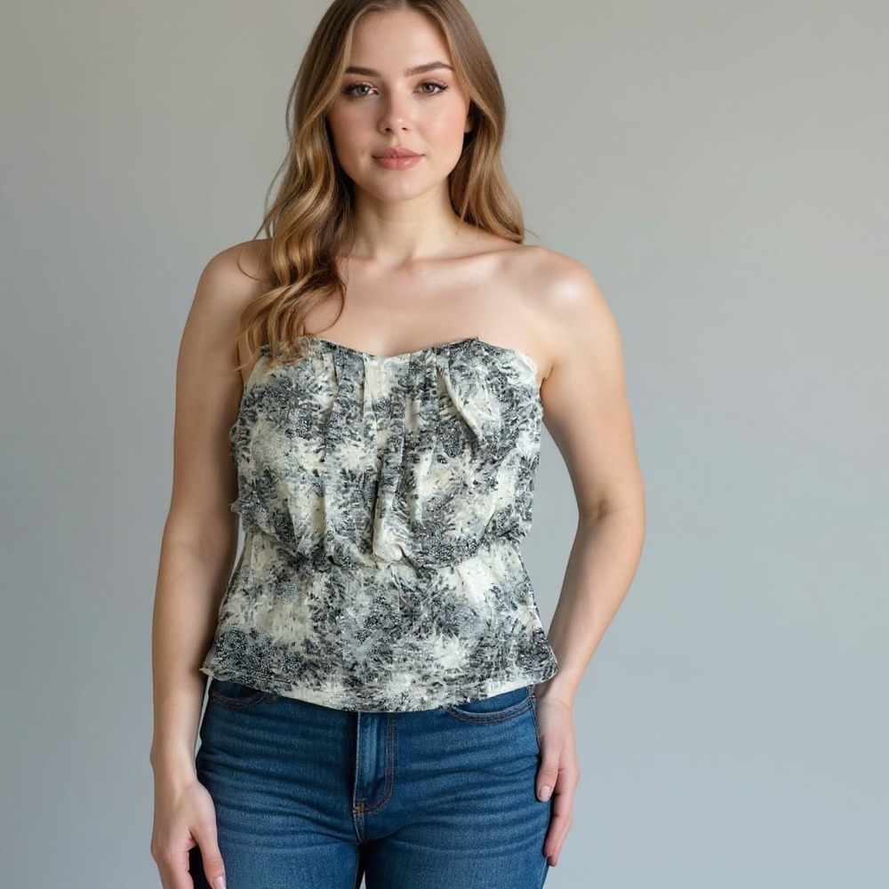 Windsor Womens Large Strapless Blouson Tube Top Gray White Rhinestone T10054BBC